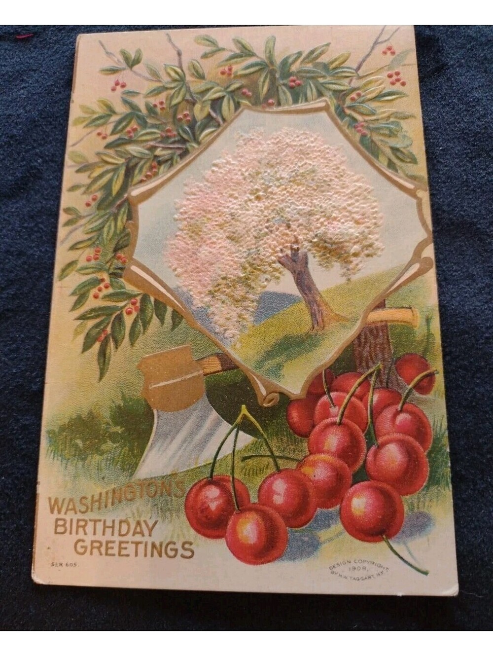Antique 1908 Washington Birthday Postcard M W Taggart Embossed Cherry Tree